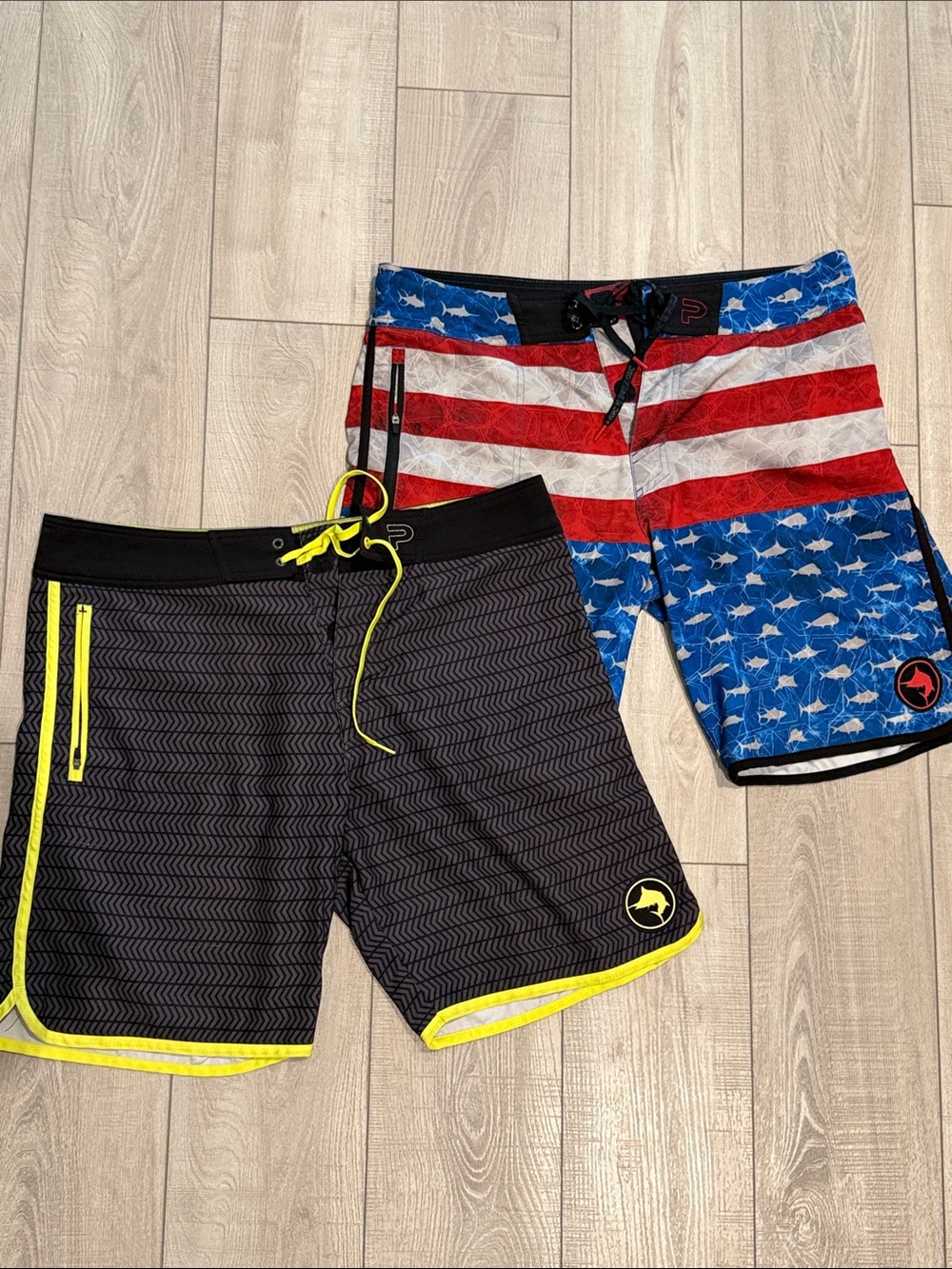 Pelagic Men’s Drawstring Swim Trunks- Size 36- Black/Neon and Patriotic